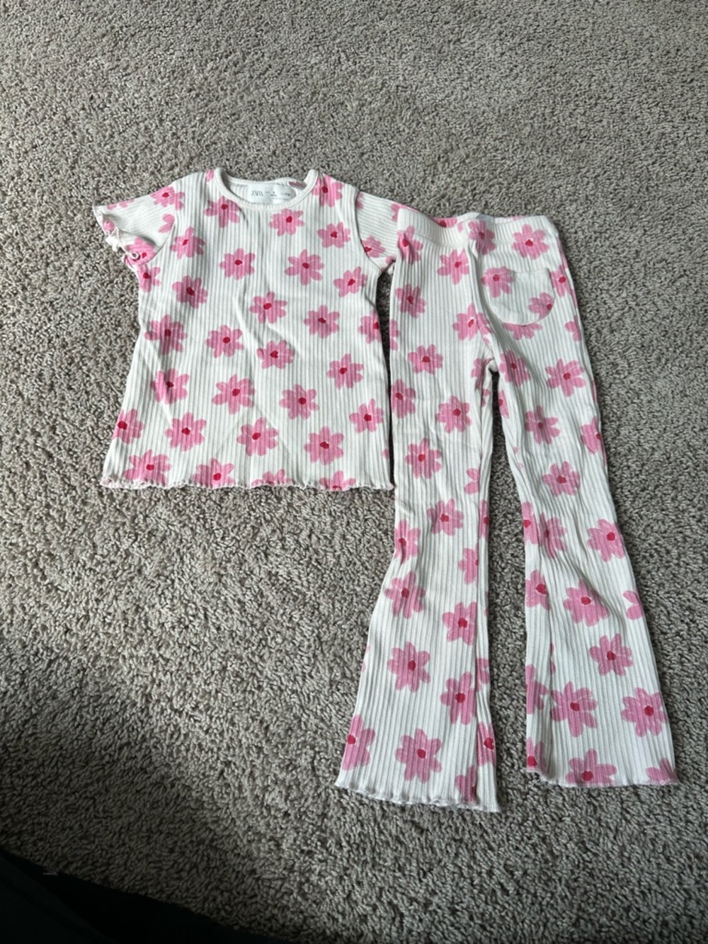 Zara Pink and White Floral Ribbed Girls Set